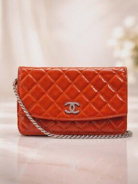 Authentic Chanel Red Patent Leather Quilted WOC Wallet on Chain Crossbody